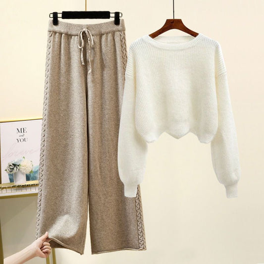 Autumn And Winter Set Knitted Sweater Slimming All-match Wide Leg Pants Suit