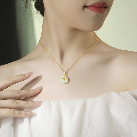 The New Nafu Peace Button And Field Jade Necklace Female Retro Chinese Style Fu Character 18K Gold Collarbone Chain Country Tide Sterling Silver