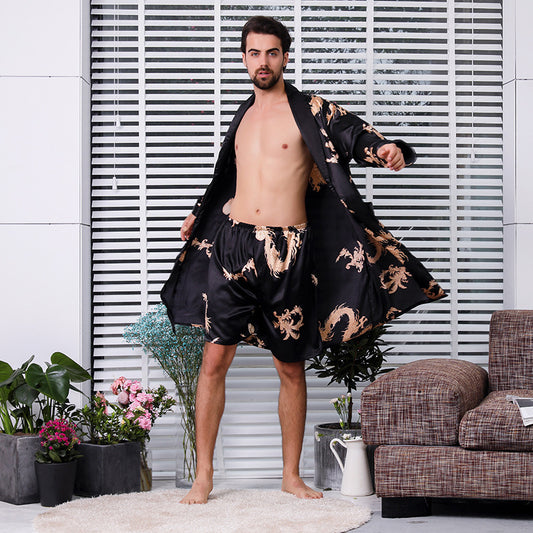 Two-piece Suit Of Dragon Pattern Bathrobe Silk Nightgown And Short Pajama Pants