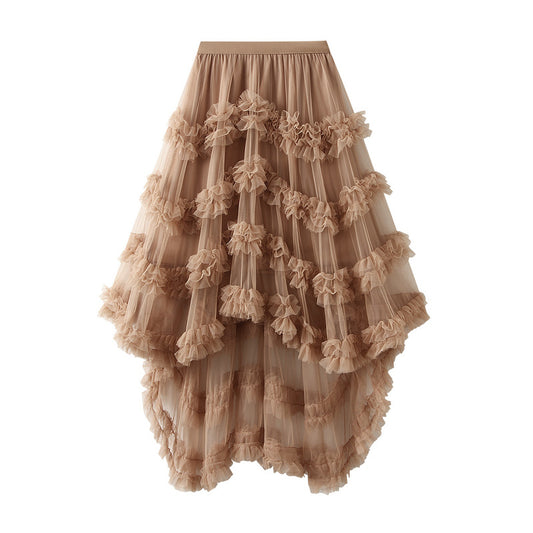Elastic Waist Fairy Mesh Skirt Puffy Irregular Ruffled Tiered Dress