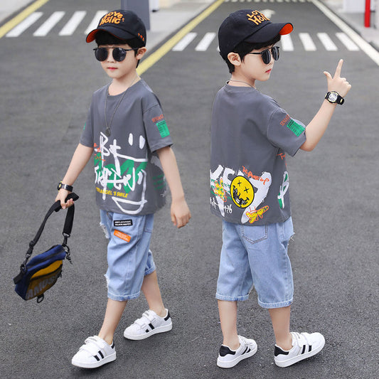 Short-sleeved T-shirt Boy Western Style Two-piece Suit, Big Boy Trend