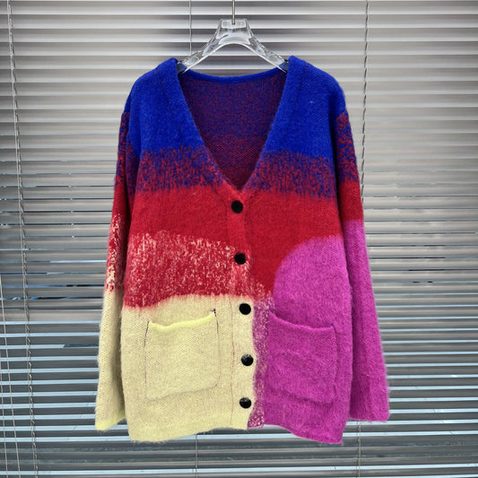 Mohair Gradient Color V-neck Knitted Cardigan Women