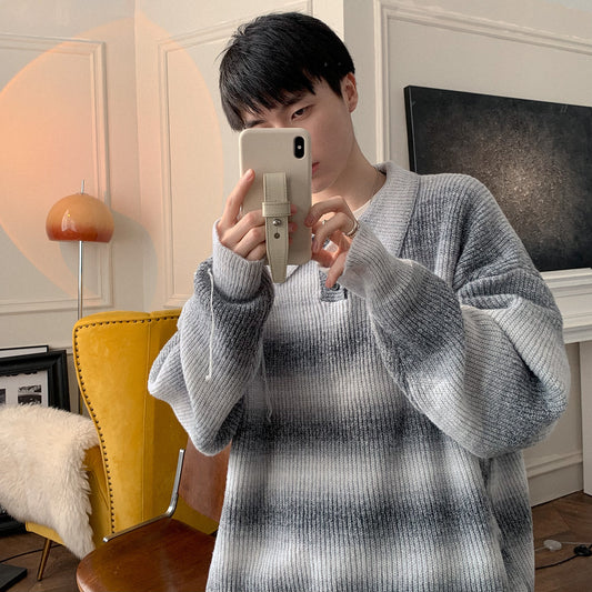 Salt Color Striped Turtleneck Sweater For Men