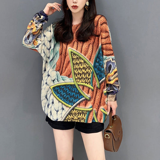 Women's Fashion Loose Print Mink Sweater