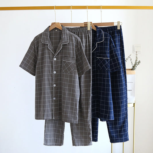 Single-line Plaid Pajamas Men's Short-sleeved Trousers Suit