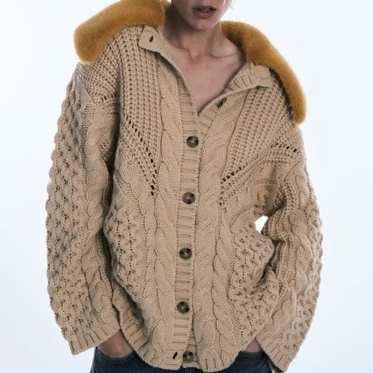 European And American Leisure Eight-strand Knitted Fur Collar Cardigan Jacket