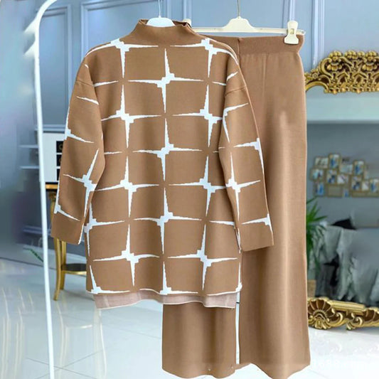Women's Printed Crew Neck Coat Shipping Two-piece Set