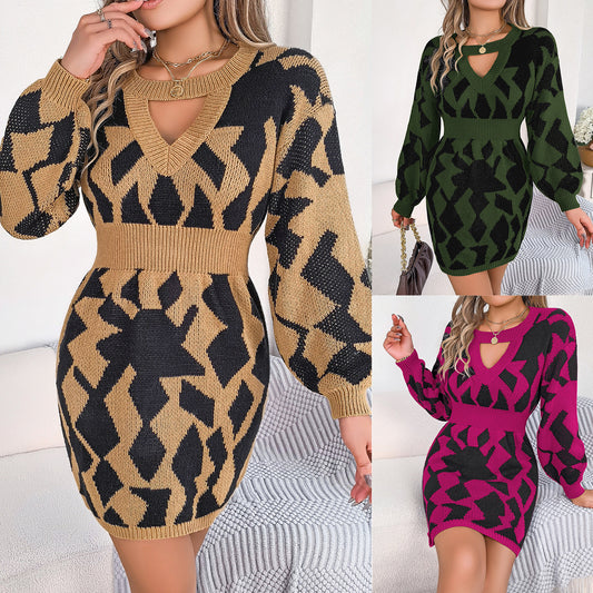 Color Matching Hollow Out Lantern Sleeve Fitted Waist Sweater Dress