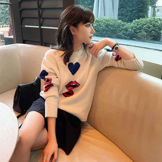 Heavy Handmade Jacquard Pattern Cashmere Round Neck Knitted Sweater For Women