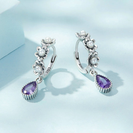 Sterling Silver S925 Vintage Purple Zircon Shell Pearls Simple Flower Earrings