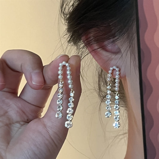 Needle Pearl Rhinestone Tassel Earrings Light Luxury Few Zircon Elegant Internet Celebrity Stitching Stud Earrings