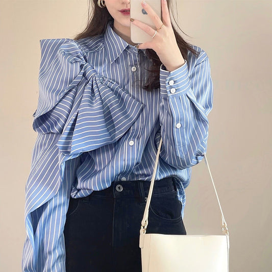 Casual Blue Striped Shirts For Women Lapel Long Sleeve Korean Bowknot Patchwork Blouses