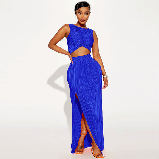 European And American Women's Clothing Slit Dress Two-piece Set