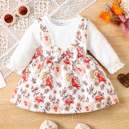 European And American Autumn And Winter Floral Bow Long Sleeve Dress