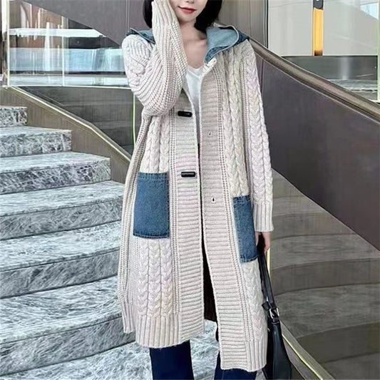 Hooded Denim Stitching Sweater Mid-length Knitted Cardigan Jacket