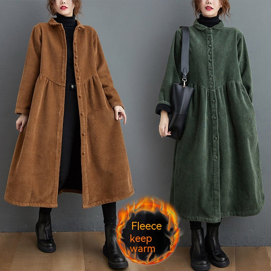 Autumn And Winter Fleece-lined Long Sleeve Retro Artistic Loose Corduroy Casual Coat For Women