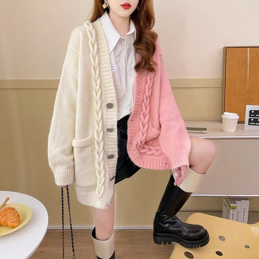 Color Contrast Patchwork Single-breasted Sweater Coat